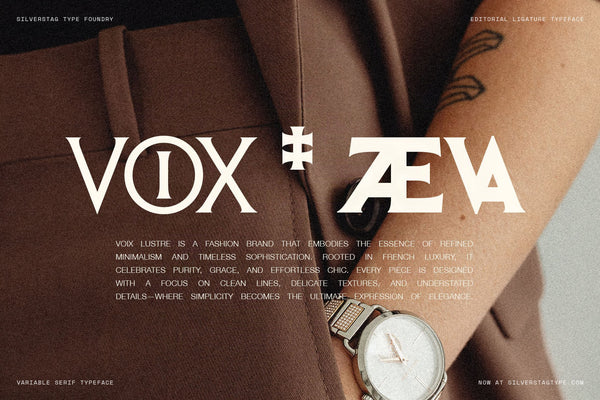 SLTF Arcilla Black weight in fashion editorial context — VOX and AEVA wordmarks set in cream on a deep brown background featuring a wristwatch and tattooed arm. Highlights the architectural uppercase letterforms and high-contrast stroke detail. Ideal for luxury fashion brand identities and advertising campaigns.