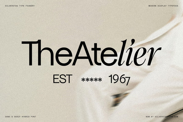 SLTF Dessign Maison hybrid serif display - TheAtelier est 1967 wordmark on draped fabric