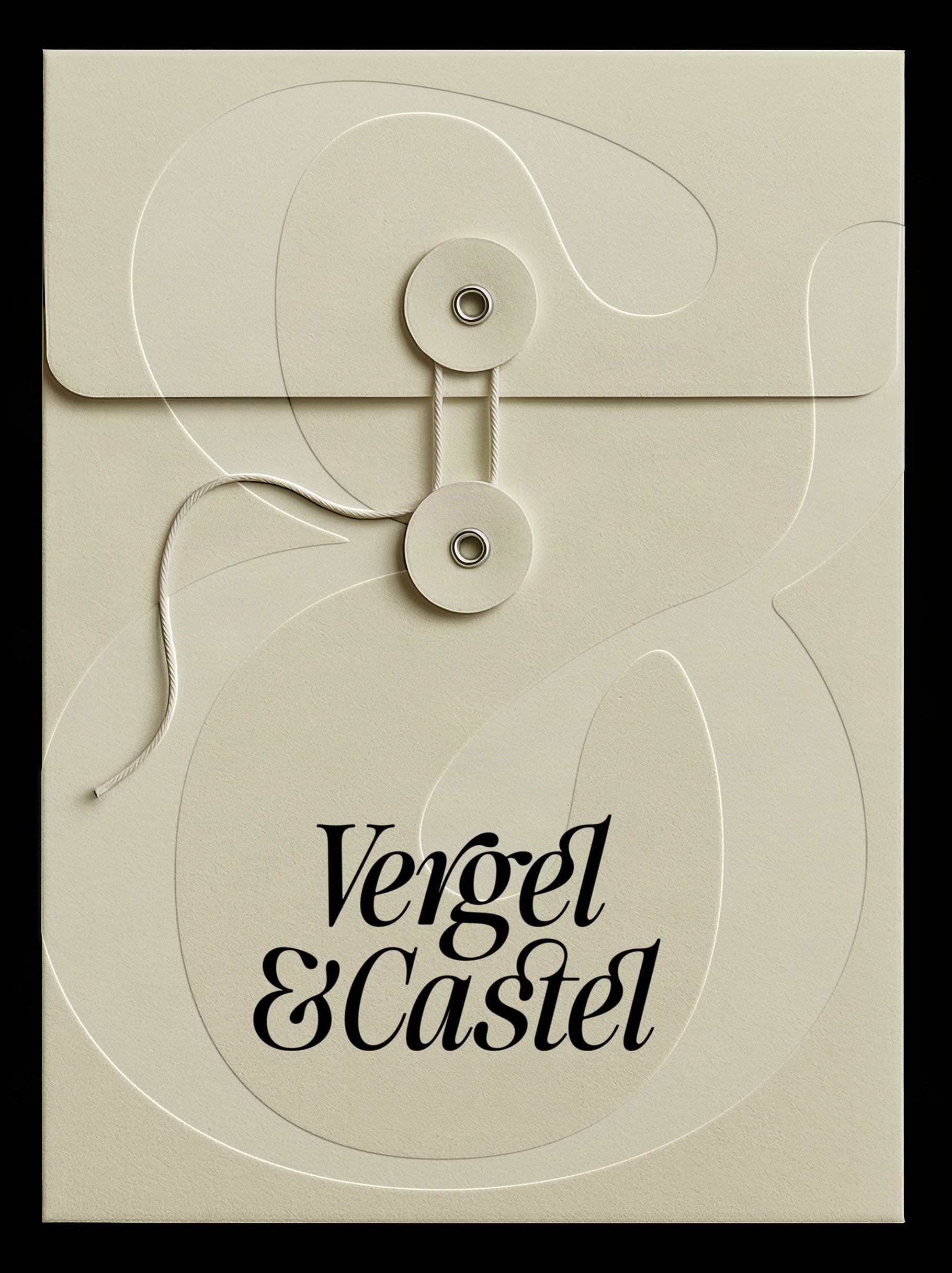 Vergel and Castel string-tie envelope mockup in SLTF The Brachen, dark calligraphic serif on a cream embossed paper envelope against black