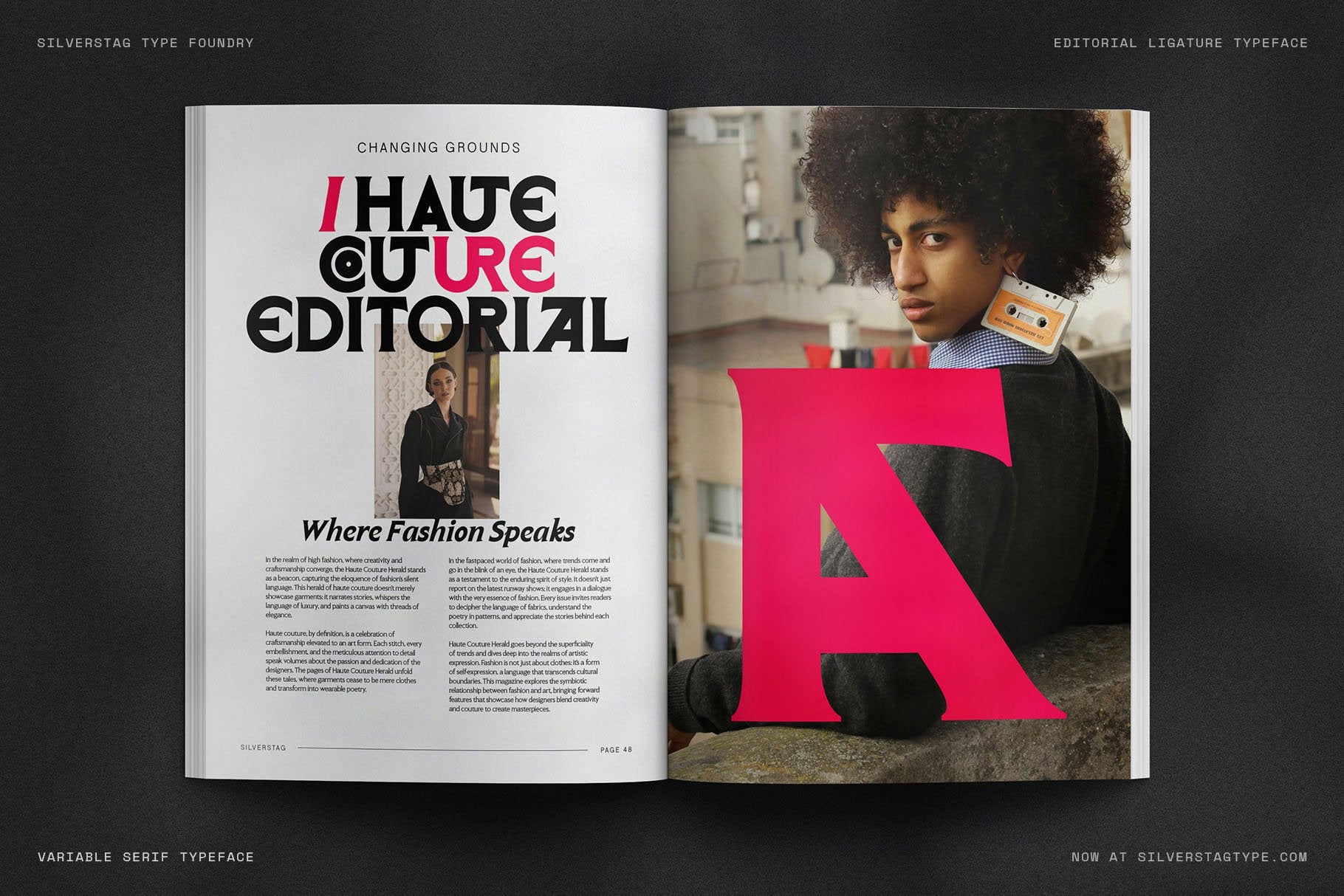 SLTF Arcilla in a fashion magazine editorial spread — the headline HAUTE COUTURE EDITORIAL set across a full-bleed spread in multiple weights, using black, red, and white in a high-contrast layout. Demonstrates Arcilla's range from display headlines to body text in editorial and publishing contexts.