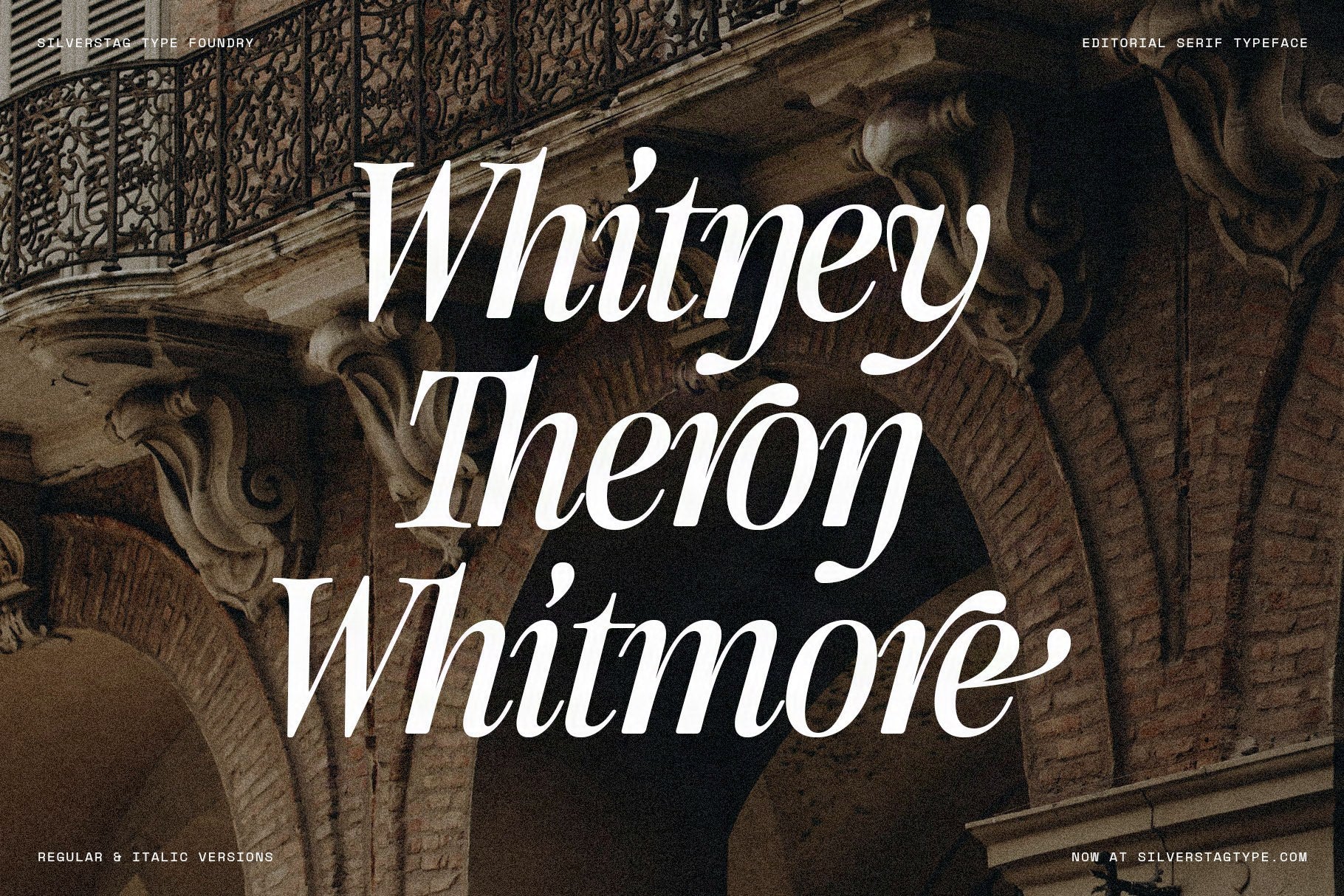 The names Whitney Theron Whitmore in white SLTF The Brachen serif over a black and white photo of ornate carved stone columns