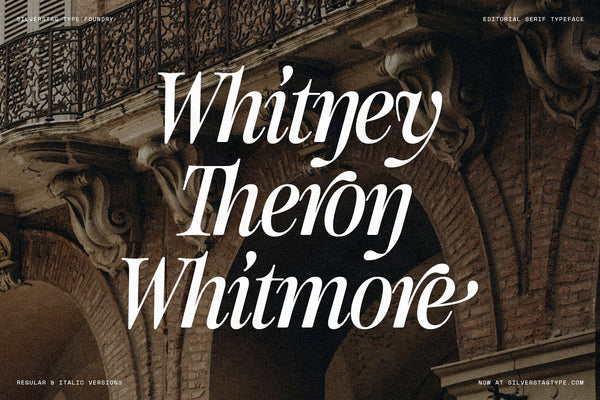 The names Whitney Theron Whitmore in white SLTF The Brachen serif over a black and white photo of ornate carved stone columns