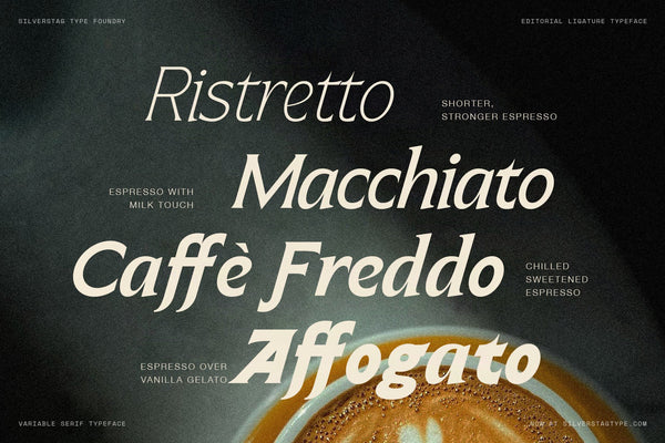 SLTF Arcilla variable weight specimen using Italian coffee names — Ristretto in Light Italic, Macchiato in Regular, Caffè Freddo in Semi Bold, and Affogato in Bold Italic, set on a dark espresso-toned background. A visual demonstration of how the typeface performs across weights in menu and lifestyle branding.