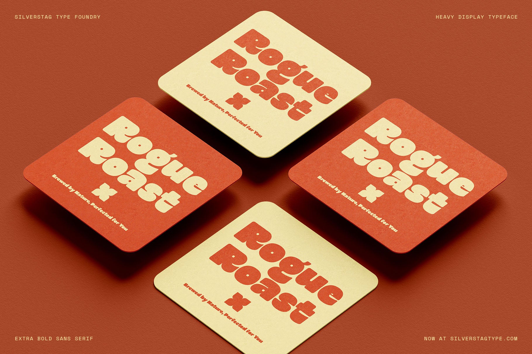 SLTF Curo heavy display sans serif - Rogue Roast branding on square coasters