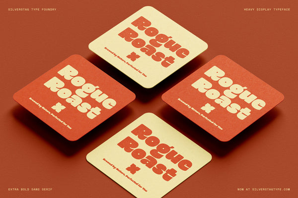 SLTF Curo heavy display sans serif - Rogue Roast branding on square coasters