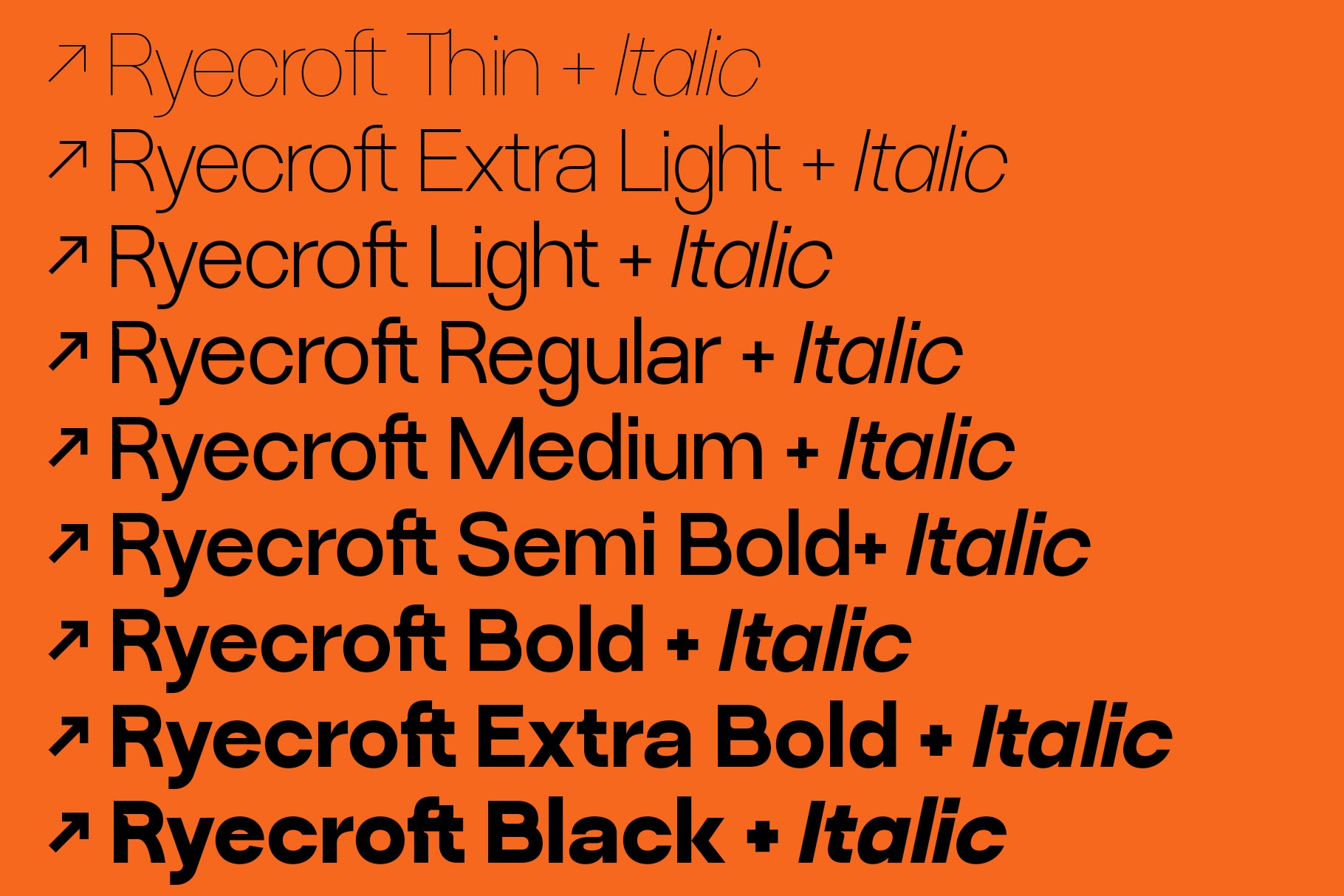 SLTF Ryecroft weight overview on a bright orange ground. Nine lines, each preceded by a diagonal arrow, run from Ryecroft Thin plus Italic at the top down to Ryecroft Black plus Italic at the bottom, taking in Extra Light, Light, Regular, Medium, Semi Bold, Bold and Extra Bold. Each line pairs the roman weight name with its matching italic so the roman and italic can be compared side by side.