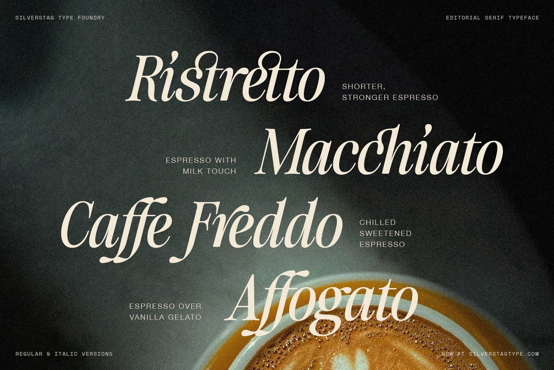 Coffee menu mockup in SLTF The Brachen listing Ristretto, Macchiato, Caffe Freddo and Affogato in cream serif over a dark photo of a latte