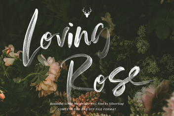 Loving Rose watercolor script font hero in white over a dark garden of peach roses with a stag badge