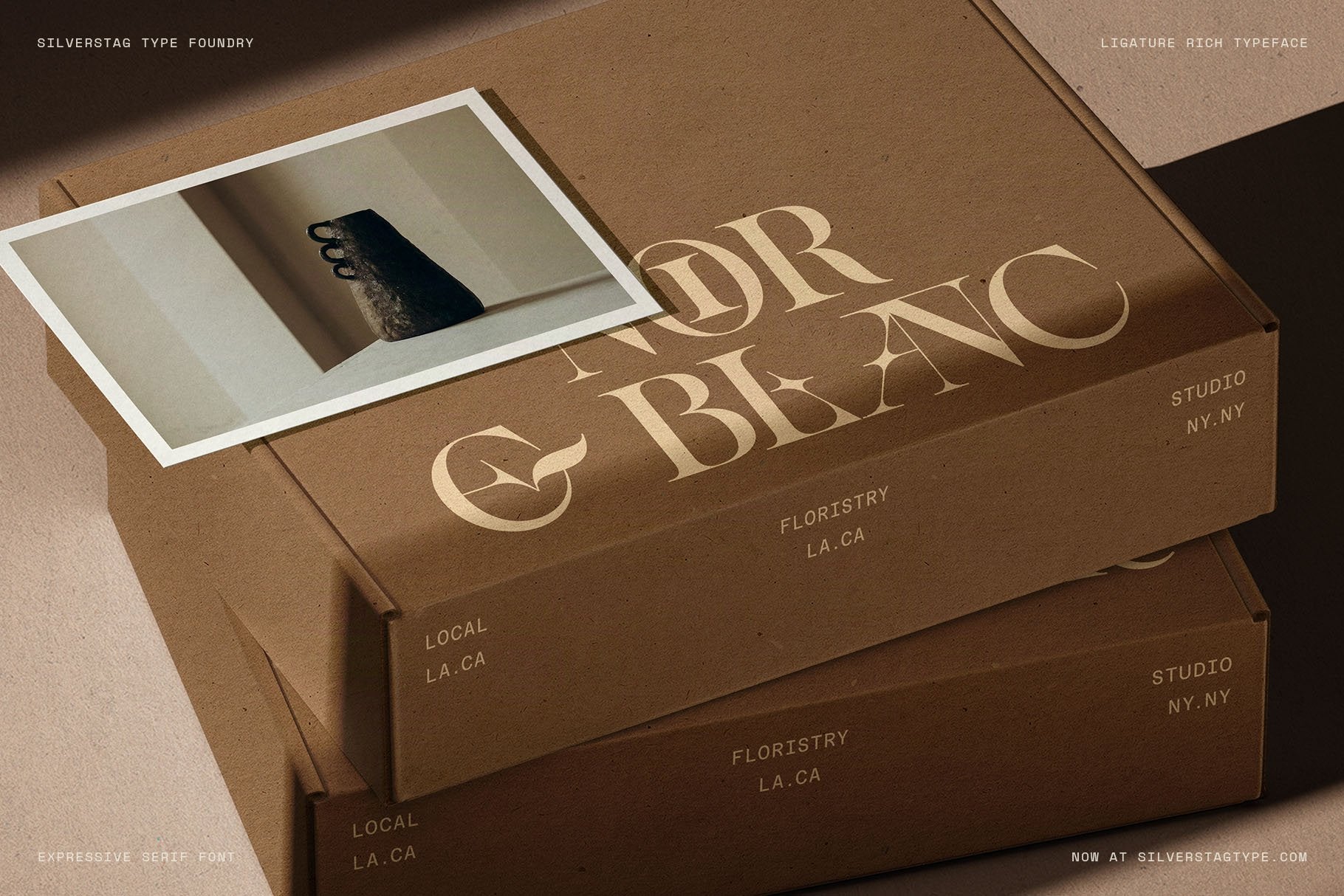 Noir and Blanc floristry branding in SLTF Spanish Archer on stacked kraft shipping boxes