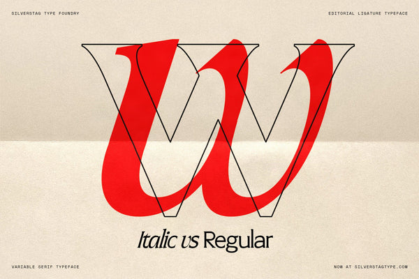 SLTF Arcilla side-by-side comparison of the Regular and Italic lowercase w — the upright outlined in black, the italic filled in vibrant red, overlapping to illustrate how radically different the two cuts are. The Italic carries genuine calligraphic character, not a slanted version of the Regular.