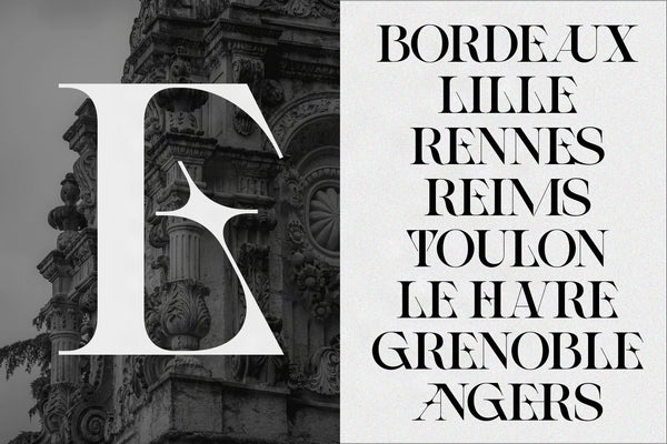 Bordeaux Lille Rennes Reims city list in SLTF Spanish Archer beside a large E ligature glyph