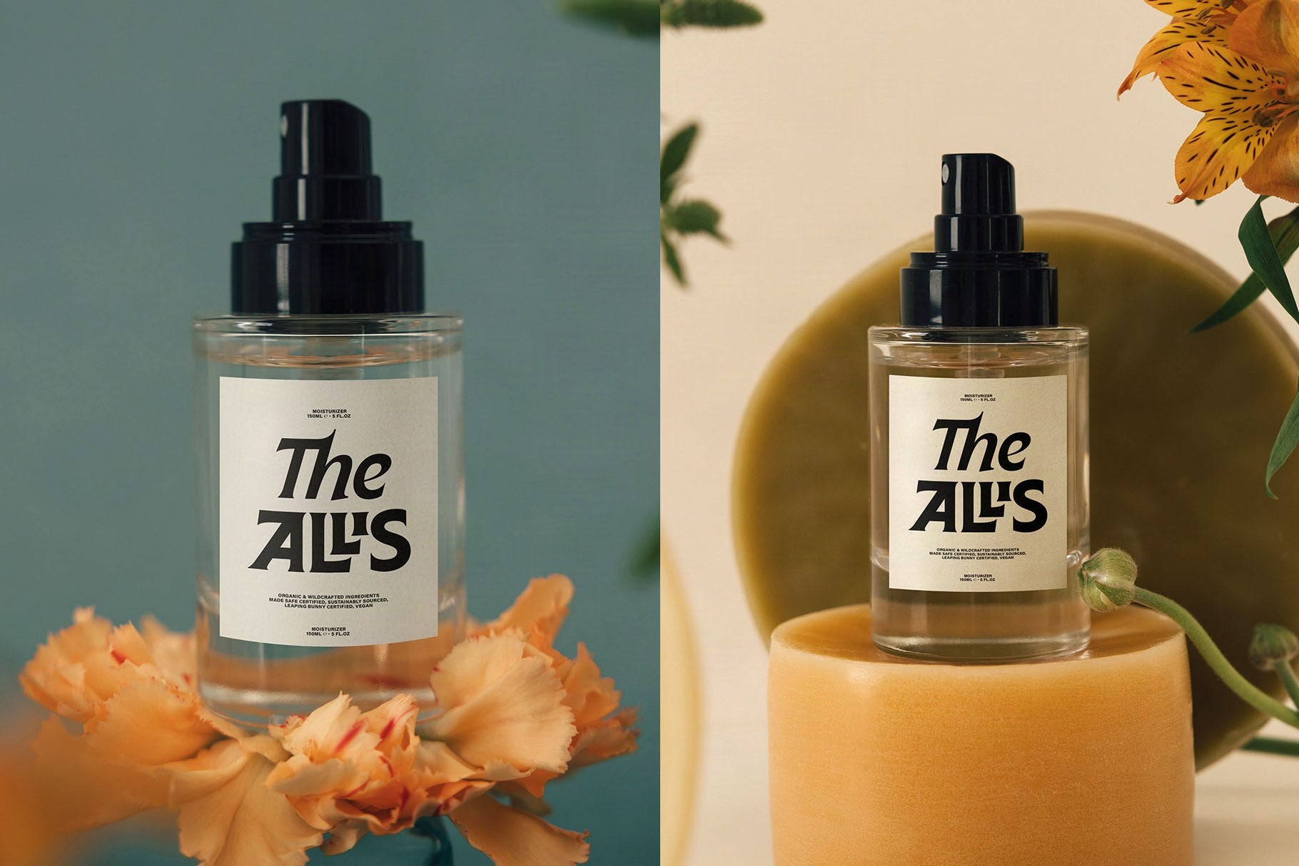 SLTF Arcilla in The ALLIS's skincare brand — label design on two glass spray bottle mockups, photographed with orange and cream flowers against warm teal and sand backgrounds. The Bold weight of Arcilla anchors the wordmark while body text uses the Regular. A strong example of Arcilla in beauty packaging.