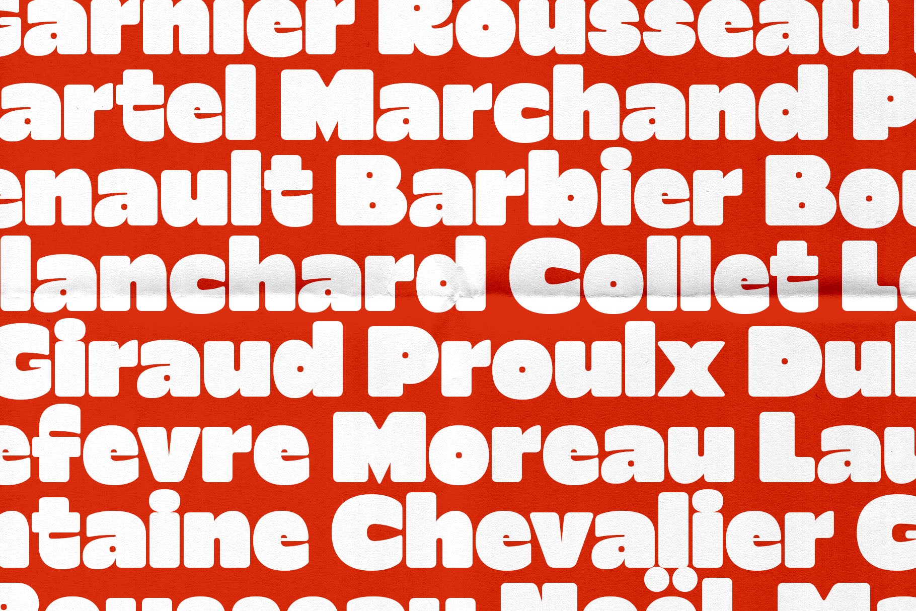 SLTF Curo heavy display sans serif - French surname specimens in white on red