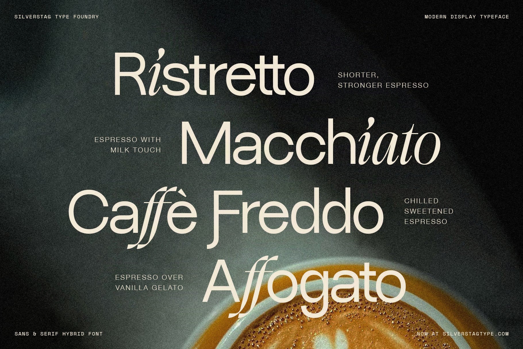 SLTF Dessign Maison hybrid serif display - coffee menu Ristretto Macchiato Caffe Freddo Affogato over a latte