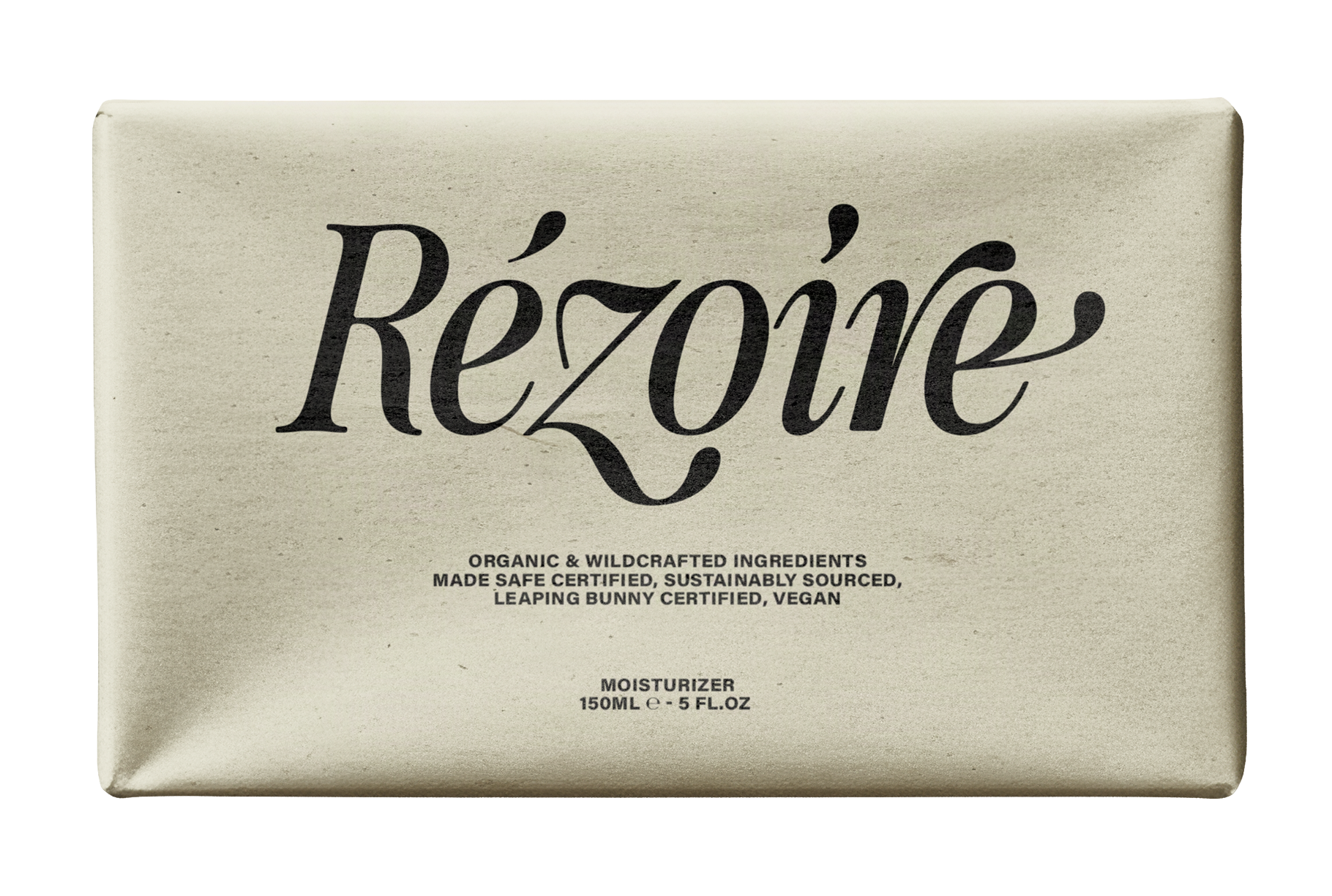 Rezoire moisturizer pouch mockup in SLTF The Brachen, dark swashed serif on a cream package against black with organic vegan ingredient text