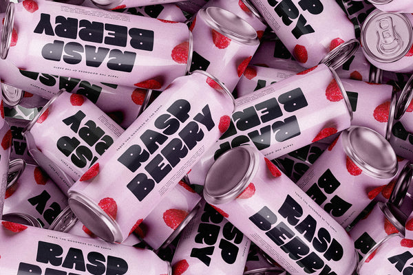 SLTF Curo heavy display sans serif - Raspberry branding on pink drink cans