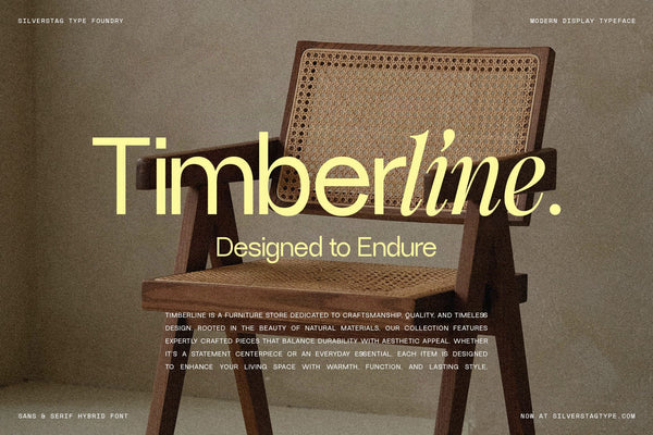 SLTF Dessign Maison hybrid serif display - Timberline furniture branding on a cane chair