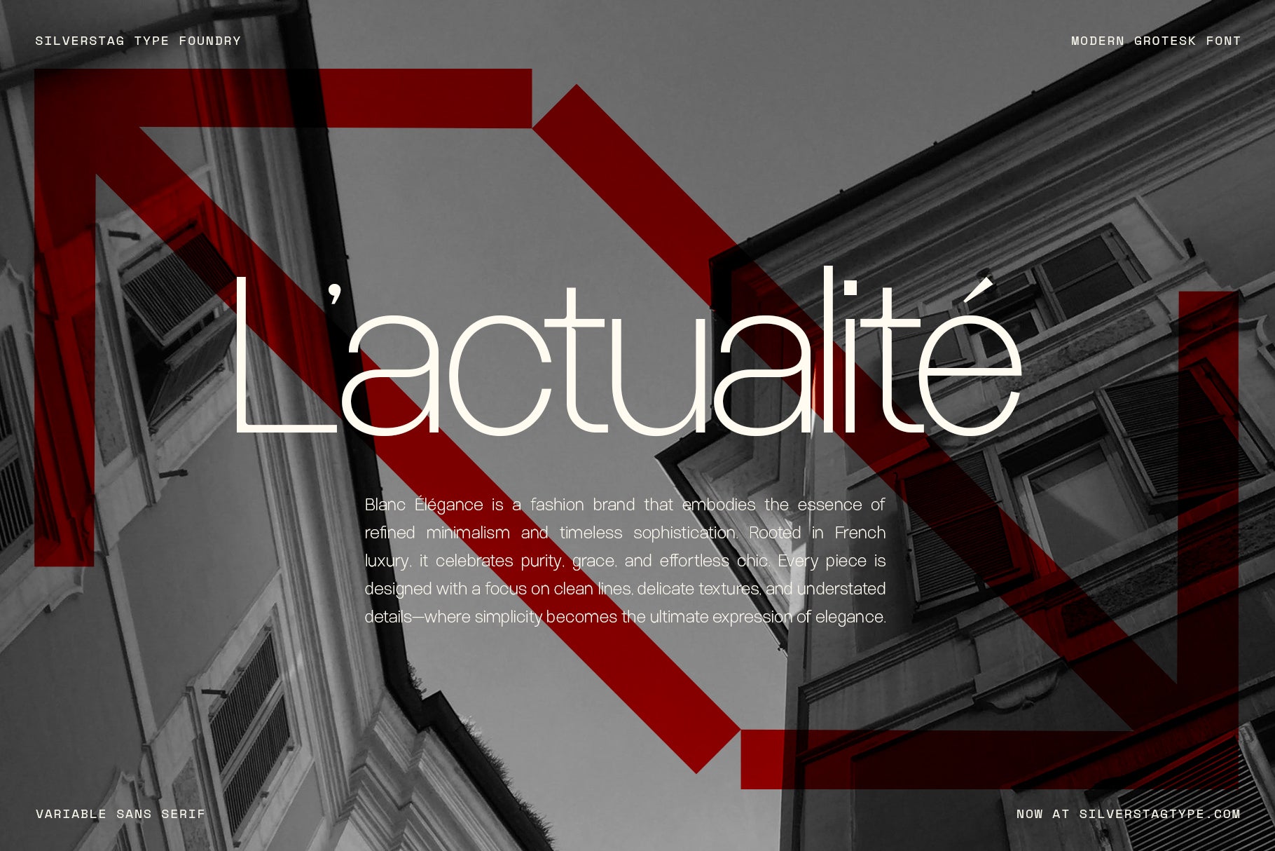 SLTF Ryecroft branding mockup over a black and white photograph of a building facade shot from below. L'actualite is set large in a thin cream weight, with a big translucent red arrow graphic angling across the frame behind it. A justified paragraph in the light weight below describes the fashion brand Blanc Elegance. Rails at the top and bottom carry the foundry name and the website address.