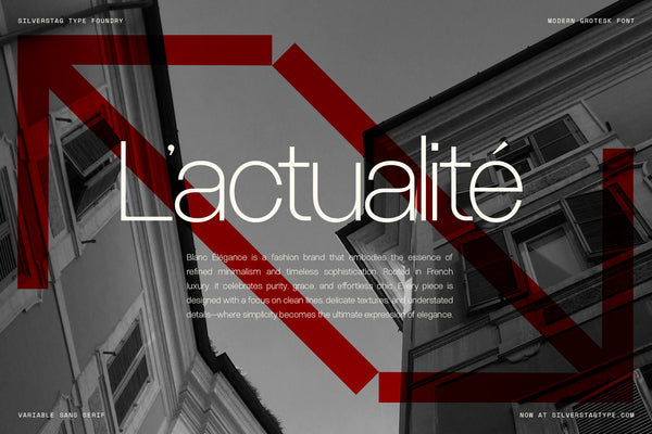 SLTF Ryecroft branding mockup over a black and white photograph of a building facade shot from below. L'actualite is set large in a thin cream weight, with a big translucent red arrow graphic angling across the frame behind it. A justified paragraph in the light weight below describes the fashion brand Blanc Elegance. Rails at the top and bottom carry the foundry name and the website address.