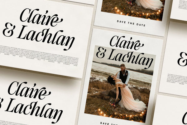 Claire and Lachlan wedding save the date stationery in SLTF The Brachen, black calligraphic serif on scattered ivory cards with a couple photo