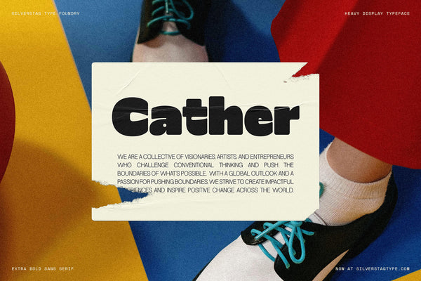 SLTF Curo heavy display sans serif - Cather brand statement card over a colorful photo