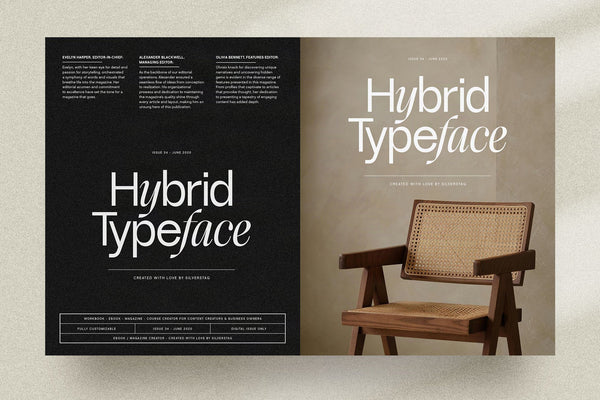 SLTF Dessign Maison hybrid serif display - Hybrid Typeface brochure spread with a cane chair