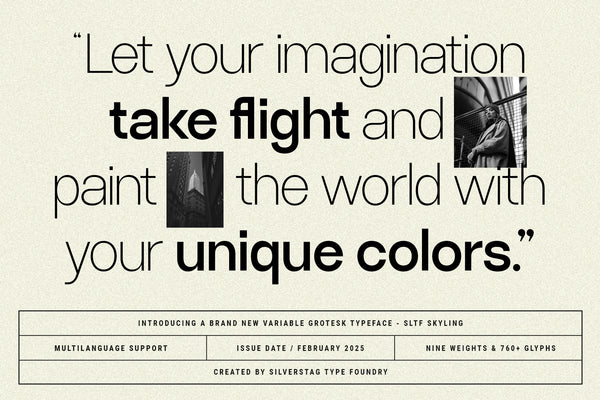 SLTF Ryecroft quotation specimen on a grainy off-white ground. A four-line quote about letting your imagination take flight is set at large size, alternating thin and heavy weights, with two small black and white photographs inset into the lines - a figure in a coat by a wire fence and a tall city building. A ruled table beneath carries the release details and the SilverStag Type Foundry credit.