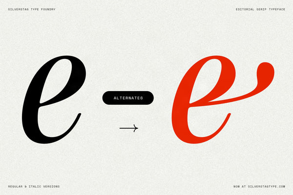 SLTF The Brachen glyph alternates showcase, a black lowercase e changing to a red lowercase e with an extended swash tail on a cream background