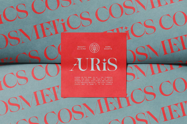 Auris beauty brand card in SLTF Spanish Archer over a red Cosmetics pattern background