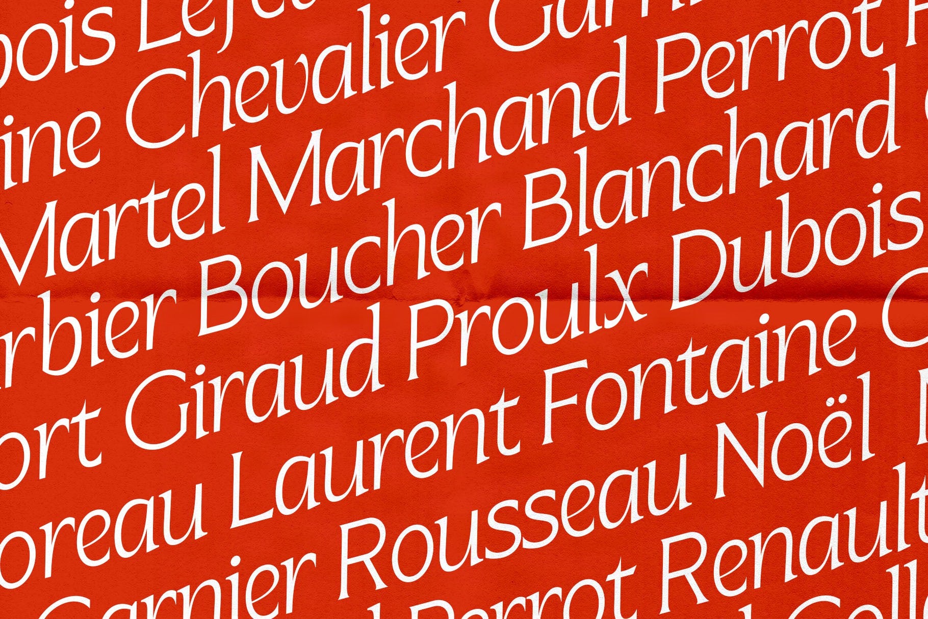 SLTF Arcilla Light Italic tiled across a bold red field — a repeating diagonal pattern of French surnames including Chevalier, Marchand, Blanchard, Rousseau, Fontaine, and Noël set in white. Demonstrates the typeface's 100+ language Latin Extended support and its elegance in fashion-forward typographic patterns.