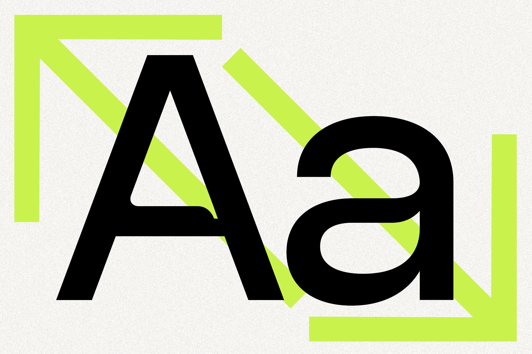 SLTF Ryecroft letterform specimen on a grainy off-white ground. A heavy black capital A and lowercase a are set side by side at large size, showing the two-story construction of the roman a. Lime green graphic elements frame the pair - an arrow bracket in the top left, a diagonal bar running behind the letters and a second bracket in the lower right.