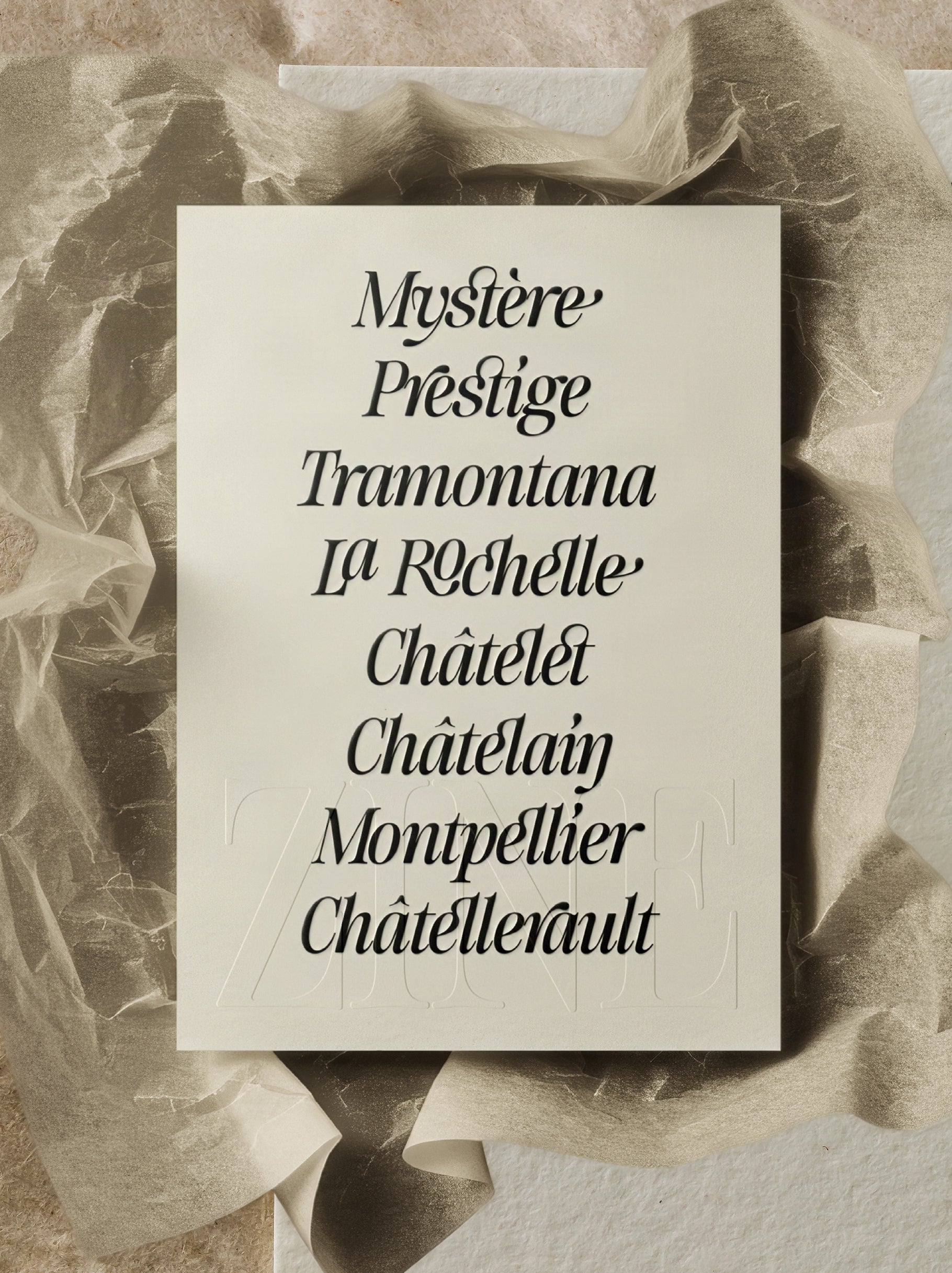 Cream card in SLTF The Brachen listing accented words such as Mystere, Prestige, Tramontana and La Rochelle, showing the typeface language support