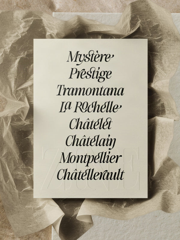 Cream card in SLTF The Brachen listing accented words such as Mystere, Prestige, Tramontana and La Rochelle, showing the typeface language support