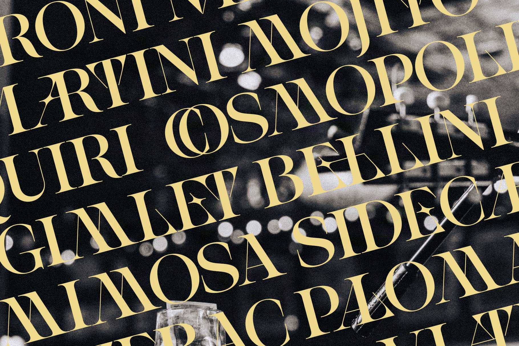 Diagonal cocktail name pattern in SLTF Spanish Archer over a black and white bar photo
