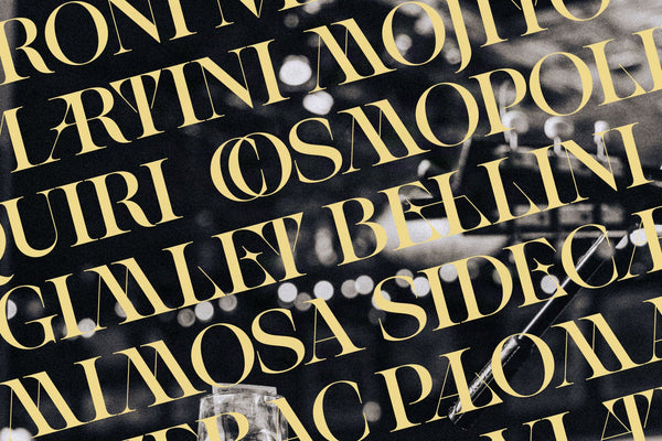 Diagonal cocktail name pattern in SLTF Spanish Archer over a black and white bar photo