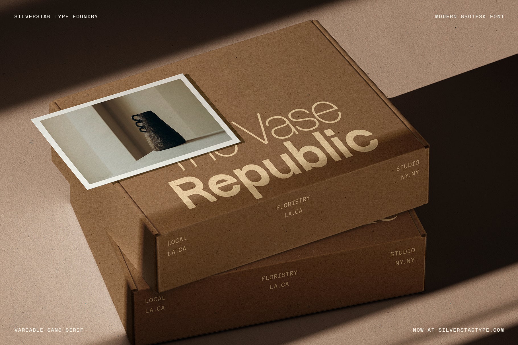 SLTF Ryecroft packaging mockup. Two stacked kraft cardboard boxes sit in raking sunlight. The Vase Republic is printed across the lid in cream, the first line light and the second heavy, with small letterspaced capitals along the box sides reading studio NY.NY, floristry LA.CA and local LA.CA. A white bordered photograph of a dark vase rests on the top box.