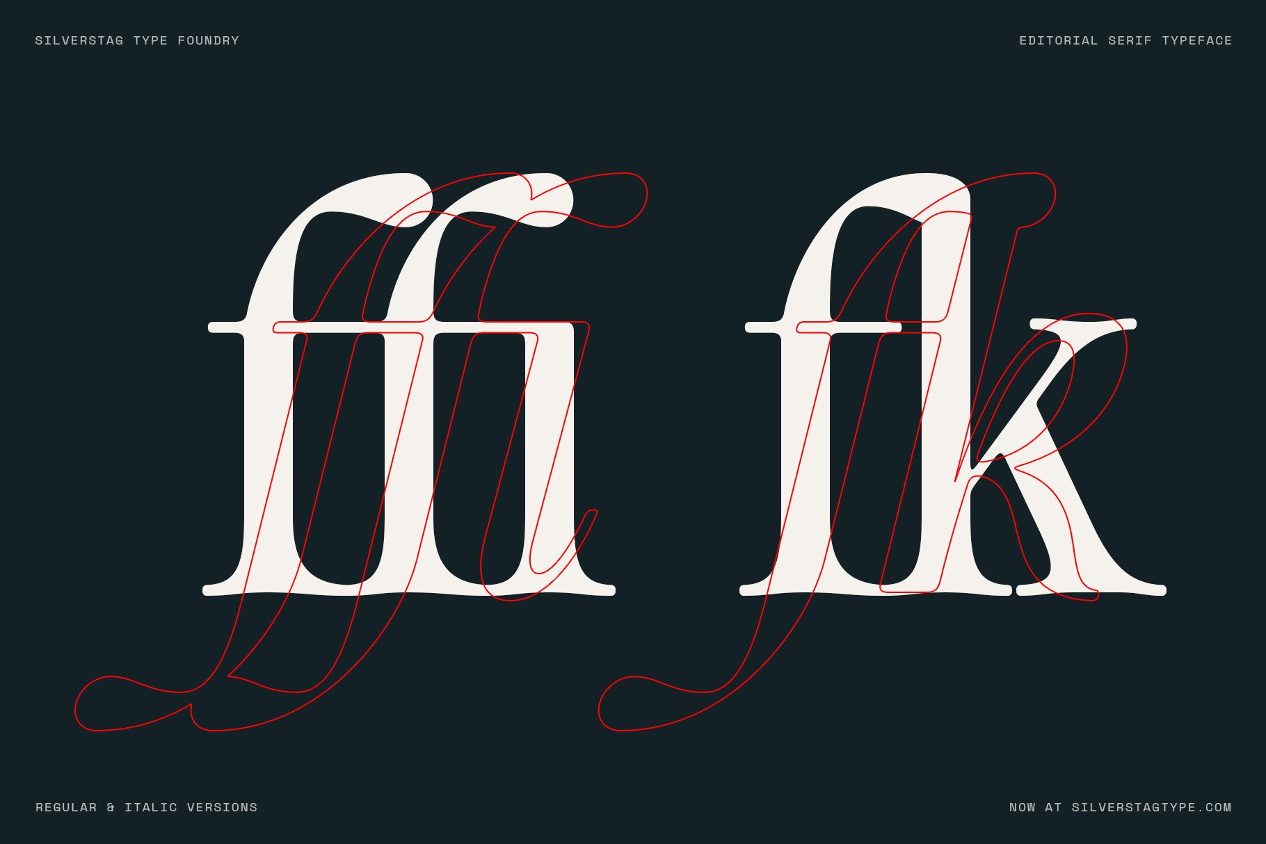 Cream ffi and fk ligatures of SLTF The Brachen with red outline swash flourishes on a dark navy background