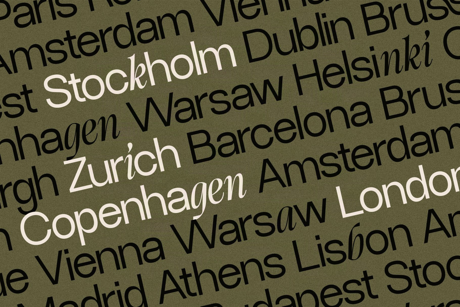 SLTF Dessign Maison hybrid serif display - European city name specimens including Madrid on olive