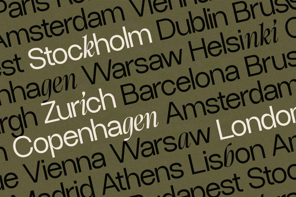 SLTF Dessign Maison hybrid serif display - European city name specimens including Madrid on olive