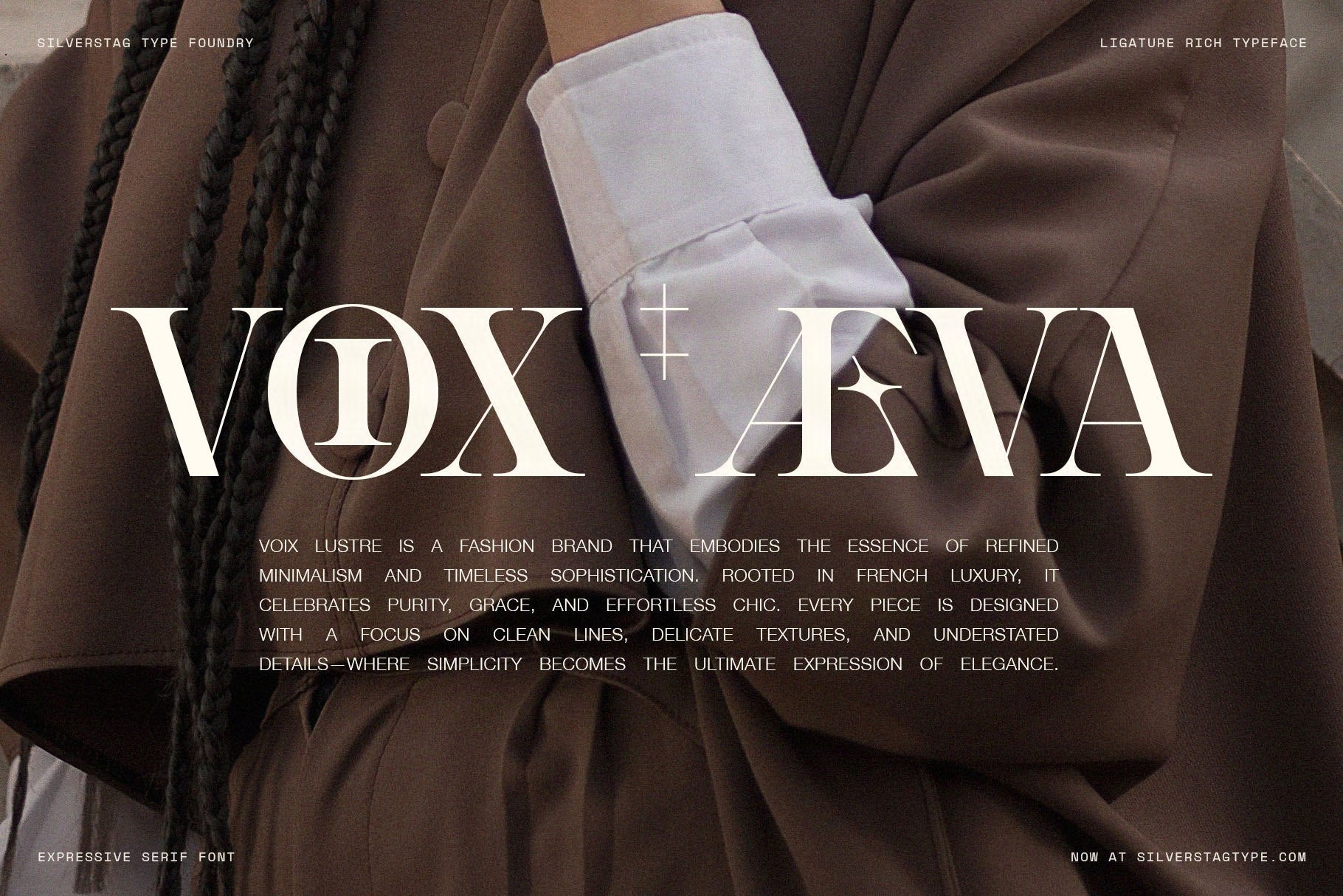Vox Aeva fashion specimen in SLTF Spanish Archer with ligatures over a brown coat photo