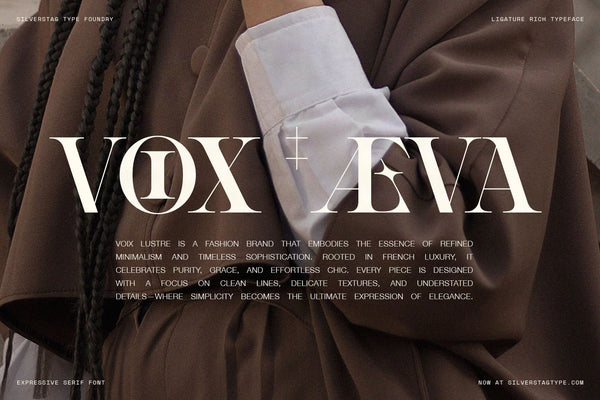Vox Aeva fashion specimen in SLTF Spanish Archer with ligatures over a brown coat photo