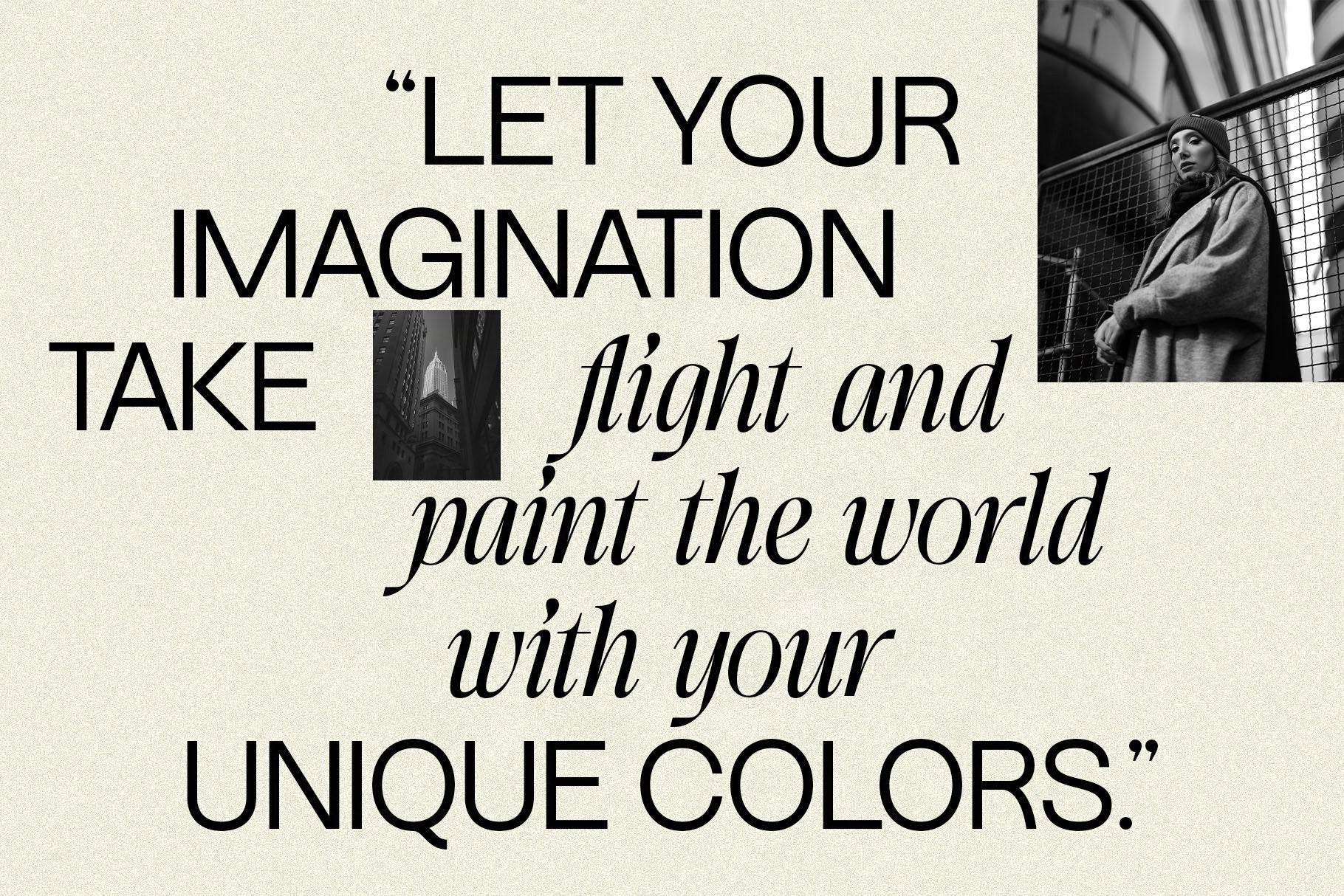 SLTF Dessign Maison hybrid serif display - Let Your Imagination Take Flight quote in mixed roman and italic