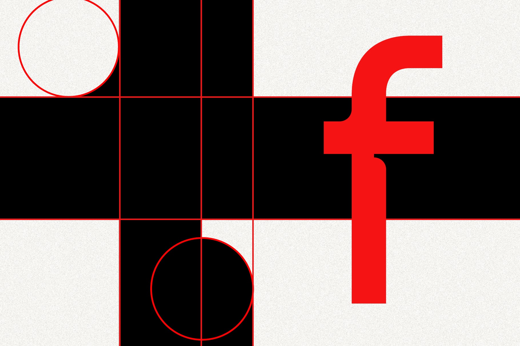 SLTF Ryecroft letterform study. A close crop shows the lowercase f in bright red at large size, with its curved head and flat crossbar, against a chequered black and white grainy ground. Thin red construction lines divide the frame into a grid and two red circles mark the curve radii used in the drawing, showing the geometric underpinning of the letter.