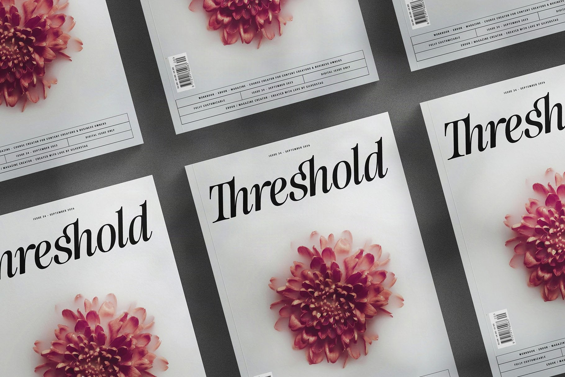 Threshold posters in SLTF The Brachen, the repeated word across sheets with magenta chrysanthemum flowers and a dramatic shadow