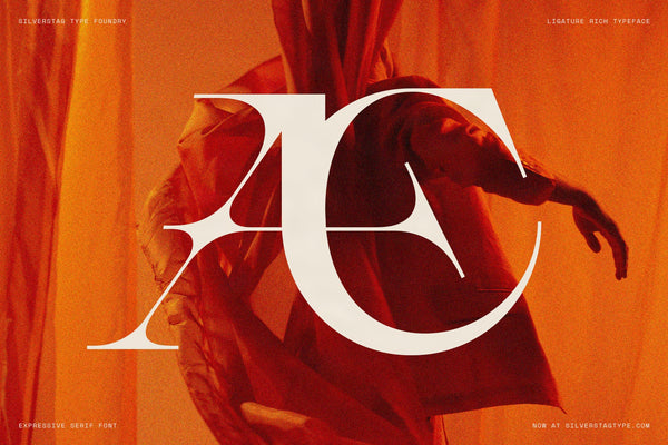 Large AE ligature glyph from SLTF Spanish Archer over an orange dancer behind curtains