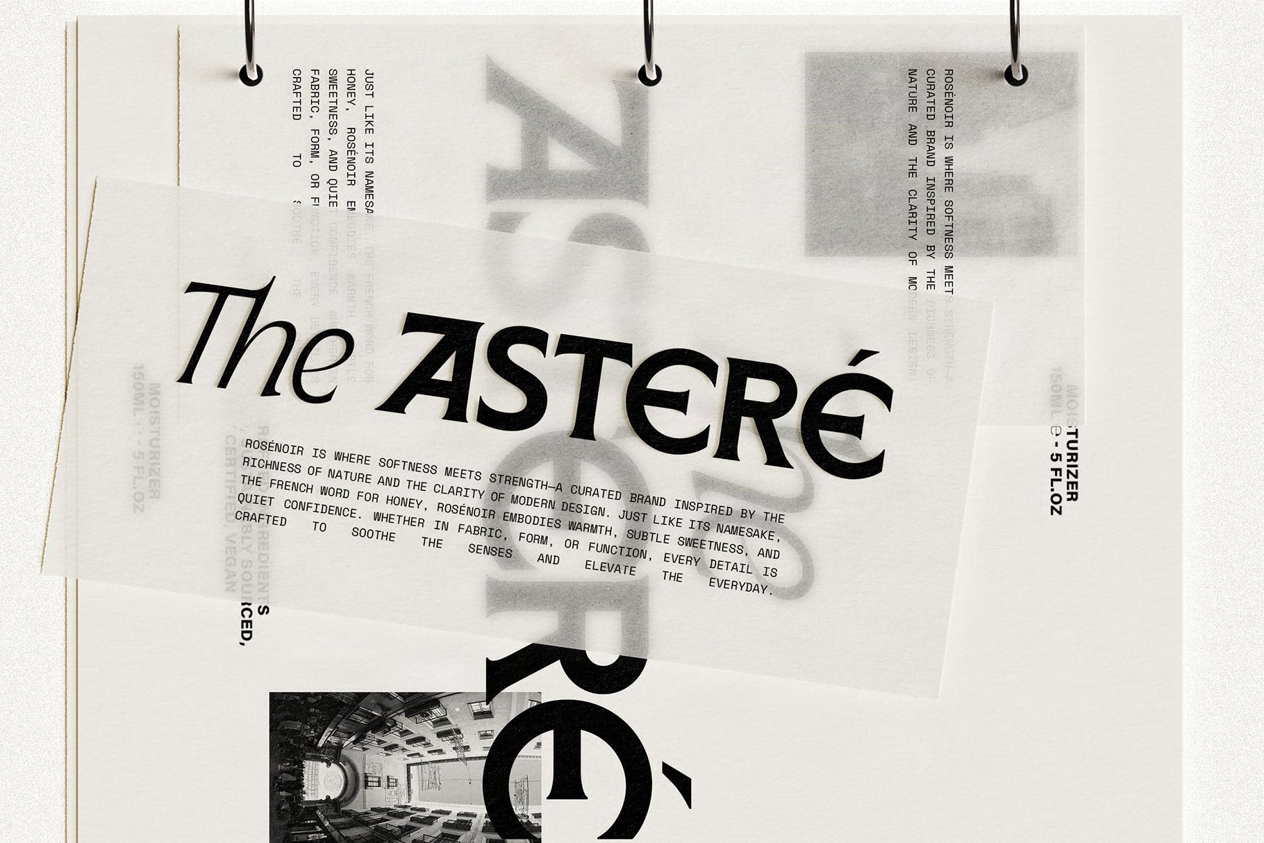 SLTF Arcilla in The Asteré editorial brand — a layered collage of overlapping torn paper sheets printed with the wordmark in multiple weights and sizes, combined with Brutalist architectural photography and justified body copy. Shows Arcilla functioning simultaneously as a display face and small text in a complex editorial layout.