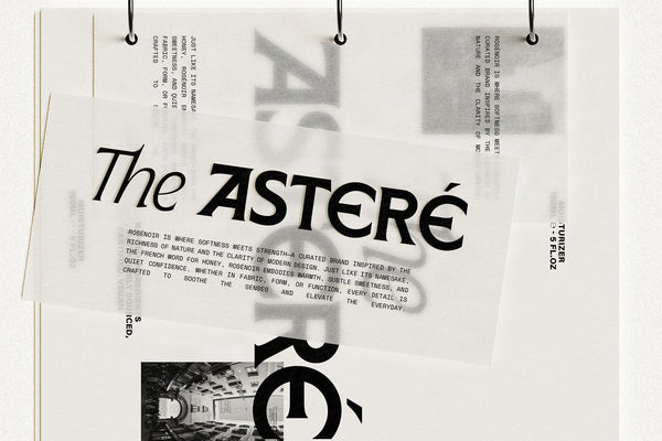 SLTF Arcilla in The Asteré editorial brand — a layered collage of overlapping torn paper sheets printed with the wordmark in multiple weights and sizes, combined with Brutalist architectural photography and justified body copy. Shows Arcilla functioning simultaneously as a display face and small text in a complex editorial layout.