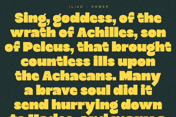 SLTF Curo heavy display sans serif - Iliad body text paragraph in yellow on dark teal