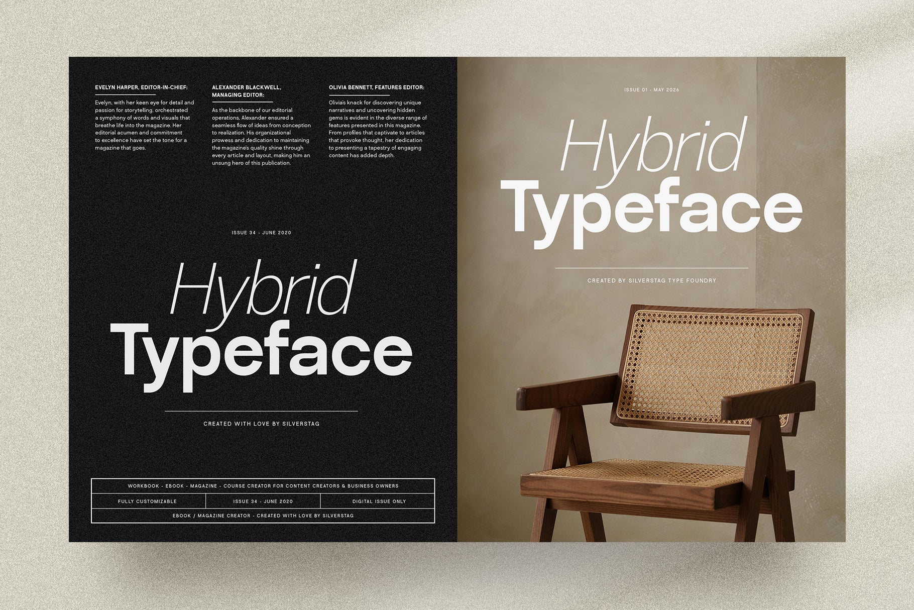 SLTF Ryecroft magazine spread mockup. The left page is black and carries three short editor biographies in small text at the top and a large two-line headline below, the first line in italic and the second in bold. The right page is warm beige and repeats the same headline treatment above a photograph of a wooden and cane armchair, with a small caps line reading created by SilverStag Type Foundry.