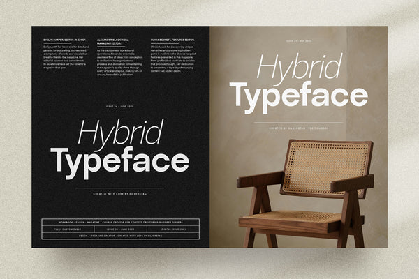 SLTF Ryecroft magazine spread mockup. The left page is black and carries three short editor biographies in small text at the top and a large two-line headline below, the first line in italic and the second in bold. The right page is warm beige and repeats the same headline treatment above a photograph of a wooden and cane armchair, with a small caps line reading created by SilverStag Type Foundry.